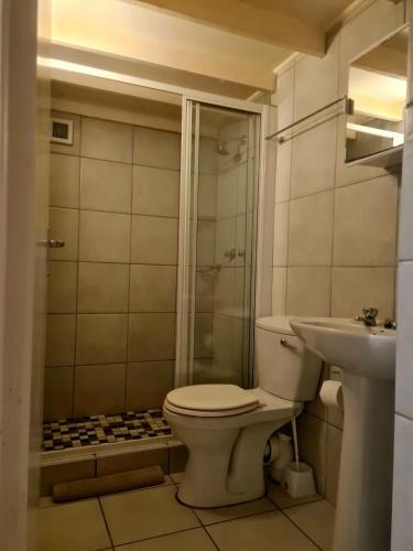 a bathroom with a toilet and a shower and a sink at Point Village Accommodation - Snowdove in Mossel Bay