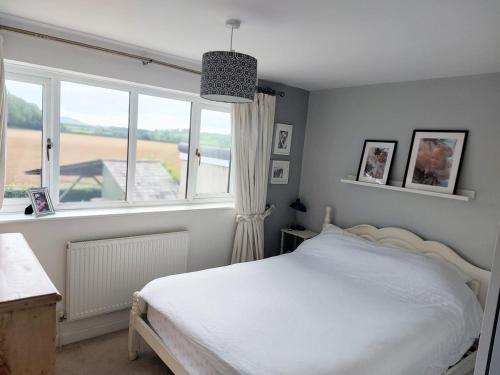 a bedroom with a white bed and a window at Countryside Retreat with Hot Tub in Haselbury Plucknett