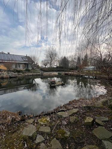 a body of water with a house and clouds in it at Noclegi Opole-Chmielowice Apartament C in Opole