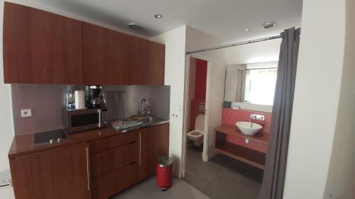 une petite cuisine avec un évier et un micro-ondes dans l'établissement Studios Colorés Pont Roman, à Nyons