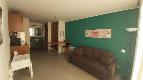 - un salon avec un canapé et un mur vert dans l'établissement Studios Colorés Pont Roman, à Nyons