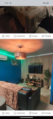 - deux photos d'un salon avec un canapé et une télévision dans l'établissement Ô bonheur du paon, à Arques