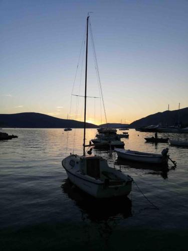 a group of boats sitting in the water at sunset at Tivat apartman in Tivat