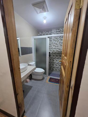 a bathroom with a toilet and a walk in shower at Quarrybay Hometel Sagada in Sagada