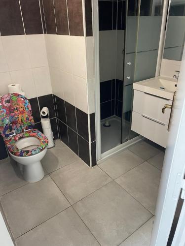 une salle de bain avec toilettes et douche dans l'établissement Appartement chaleureux climatisé, à La Ciotat