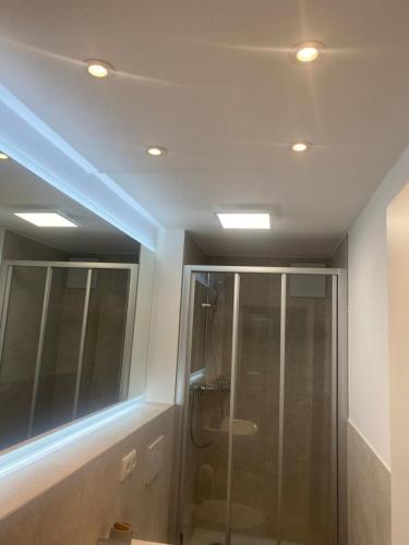 a bathroom with a shower and a blue light at Appartment Kuschelecke in Kiefersfelden