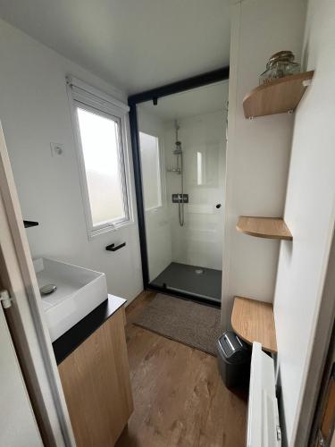 une petite salle de bain avec un lavabo et une douche dans l'établissement Confort Mobilhome climatisé dans un camping 5 étoiles, à Houlgate