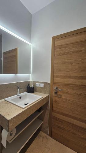 a bathroom with a sink and a wooden door at Landhaus-Wald-und-See-3 in Koosbüsch