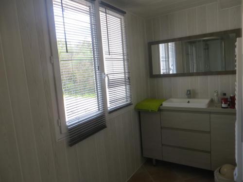 La salle de bains est pourvue d'un lavabo, d'un miroir et d'une fenêtre. dans l'établissement Logement au calme au sein de la provence verte, à Seillons-Source-dʼArgens