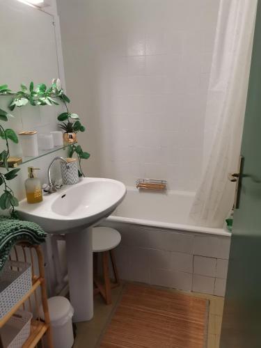 une salle de bain avec un lavabo et une baignoire dans l'établissement Appartement dans résidence piscine chauffée, au Barcarès