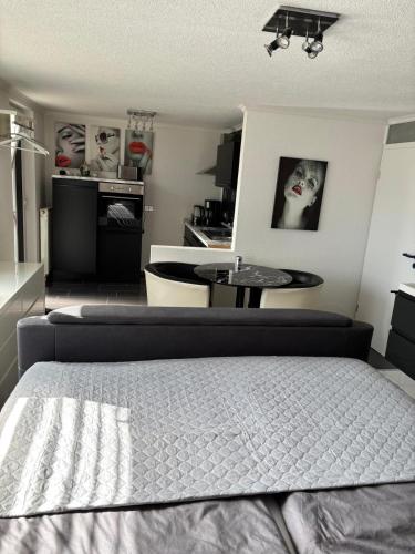 InzigkofenにあるFerienwohnung Alexのベッドとテーブルのある寝室