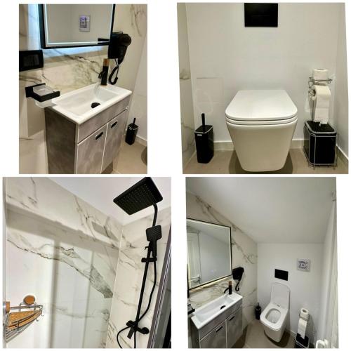ein Badezimmer mit Waschbecken, Toilette und Spiegel in der Unterkunft Lakeview Escape Koman in Koman