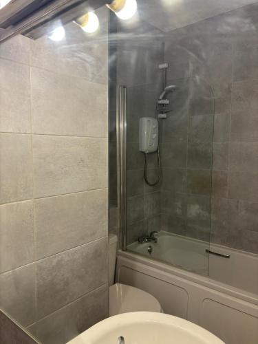 a bathroom with a shower and a toilet and a tub at Stylish Dublin4 - One Bedroom Apt in Dublin