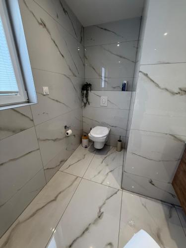 a white bathroom with a toilet and marble walls at L ecrin de Rosheim, villa d exception, piscine in Rosheim