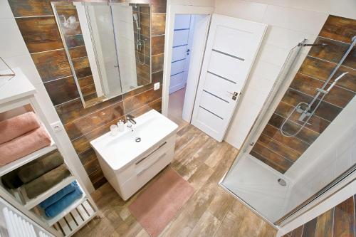 a bathroom with a sink and a shower at Apartmán ARTE Spišská Nová Ves in Spišská Nová Ves