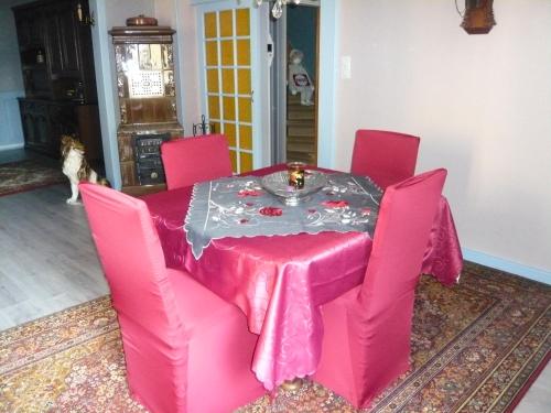 a pink table with pink chairs and a cat standing around it at Le Rempart in Guebwiller