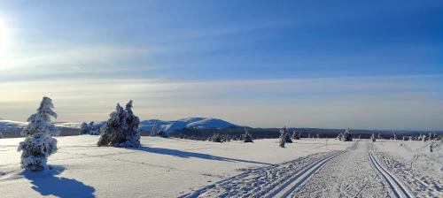 Το Kaupinpirtti, Ylläs, Äkäslompolo, , Lapland - Silver Log Cabin with Lake and Fell Scenery τον χειμώνα