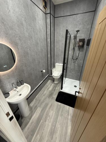 a bathroom with a shower and a sink and a toilet at Stunning Sea View Apartment With Balcony & Parking in Rhos-on-Sea