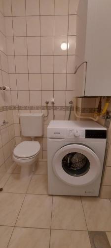 a bathroom with a washing machine and a toilet at Anja&Nika in Osijek