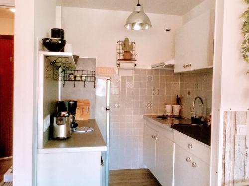 une petite cuisine avec des armoires blanches et un évier dans l'établissement Echappèe belle en bord de mer, à Cagnes-sur-Mer