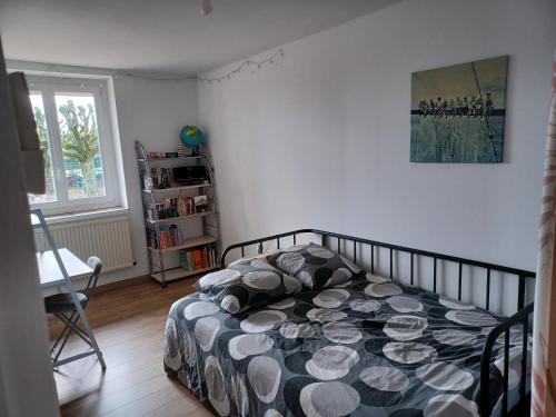 a bedroom with a bed and a book shelf at Bienvenue à la maison ! in Mulsanne