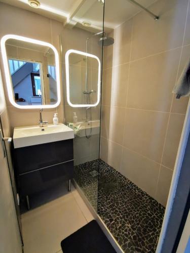 une salle de bain avec un lavabo et une douche avec un miroir dans l'établissement Uhaina, Maison proche Golf et Plage, à Moliets-et-Maa