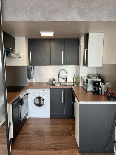 une cuisine avec un évier et une machine à laver dans l'établissement Netflix & sky jacuzzi, à Puteaux