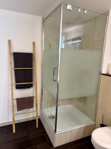 a glass shower in a bathroom with a toilet at "Cooles Ferienhaus!" - im Coburger Wonderland - Ihr Zuhause auf Zeit! in Coburg