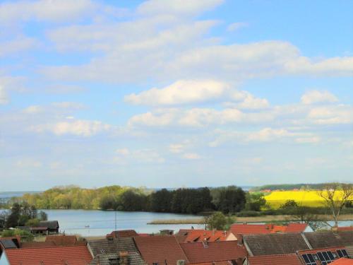 a view of a river with houses and buildings at Ruhige Maisonette-Wohnung mit Blick über Röbel "Kleines Himmelreich" in Röbel