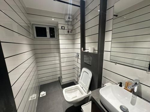 a bathroom with a toilet and a sink at Plush Bandra West - Luxury 2BHK Apartment & Study in Mumbai
