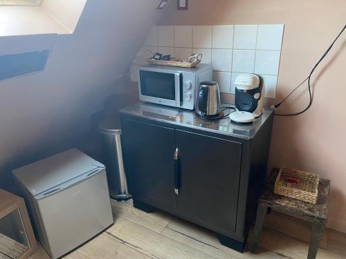 une petite cuisine avec un four micro-ondes sur un comptoir dans l'établissement Studio Sous les Toits, à Saint-Omer