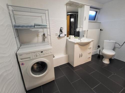 a bathroom with a washing machine and a sink at Ferienwohnung Irina Legoland ca 30 km in Gerstetten