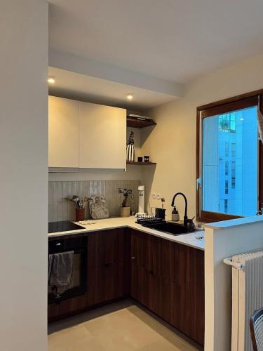 une cuisine avec des armoires en bois et une fenêtre dans l'établissement Appartement pour 4 - Roland Garros Parc des Princes - Parking, à Boulogne-Billancourt