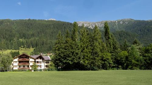 a large house in the middle of a green field at Bachmann Appartements in Sankt Anton am Arlberg