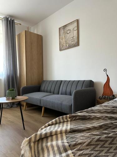 a living room with a couch and a bed at Studio Palm in Popeşti-Leordeni