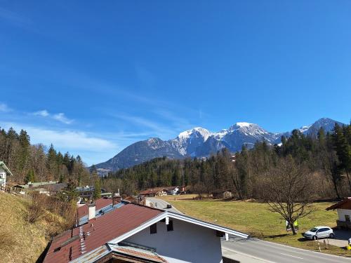 ビショフスヴィーゼンにあるFerienwohnung am Bachの山を背景にした町の景色