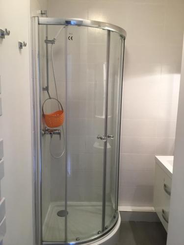 une douche avec une porte vitrée dans une salle de bain dans l'établissement Charmant studio en front de mer avec balcon, à Saint-Raphaël