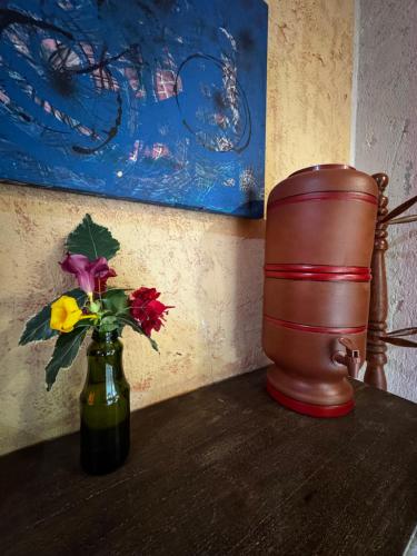 two vases sitting on a table with flowers in them at Chalé Orion in Lençóis