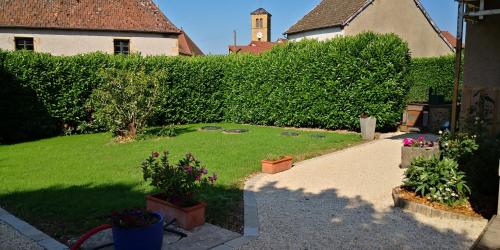 a garden with a hedge and a yard with flowers at Gite La Mariette 10 couchages Brionnais Charolais in Vauban