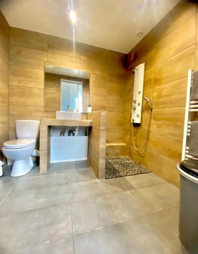 une salle de bain avec toilettes et lavabo dans l'établissement appartement climatisé au bord du lac marin, au Barcarès