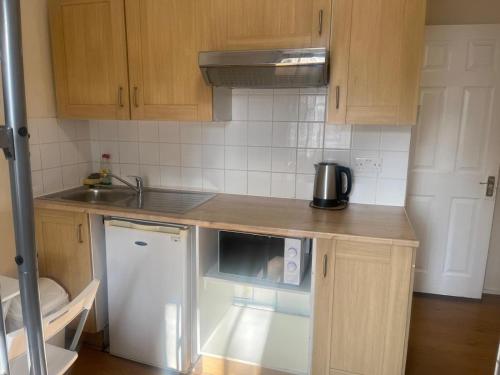 a small kitchen with a sink and a microwave at Atlas Hostel in London