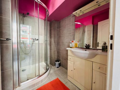 La salle de bains est pourvue d'un lavabo et d'une douche avec des plafonds roses. dans l'établissement Grand studio de 30 m2 Promenade des Anglais, à Nice