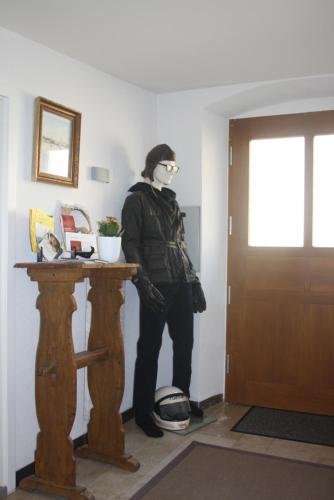 a person wearing a mask standing next to a table at Gästehaus LuNa in Zeil