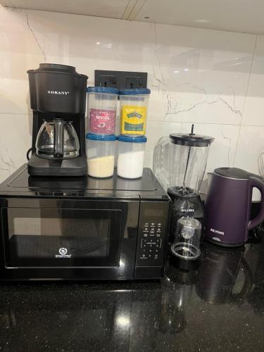 a kitchen counter with a blender and a microwave at Urban Oasis 2BR in Nairobi
