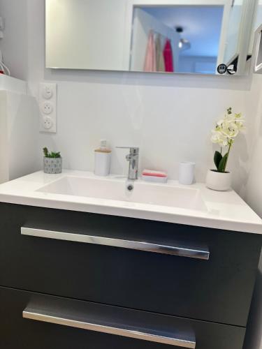 une salle de bain avec un lavabo blanc et un miroir dans l'établissement T2 de Charme Rénové à Beg-Meil, À 250m de la Plage, à Fouesnant