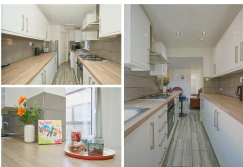 a collage of photos of a kitchen with white cabinets at Affordable 3 bed house Stoke-on-Trent for families and contractors in Stoke on Trent