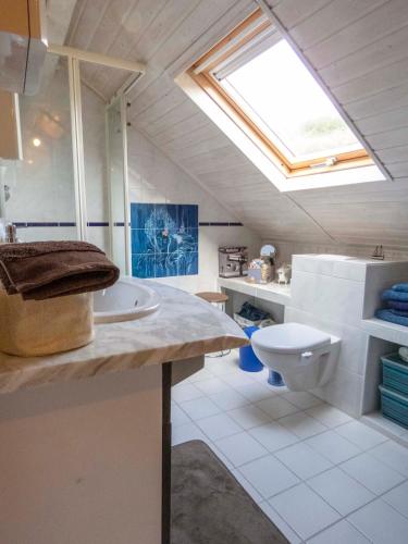 La salle de bains est pourvue de toilettes, d'un lavabo et d'une lucarne. dans l'établissement Maison entre lac et montagnes, à Draillant