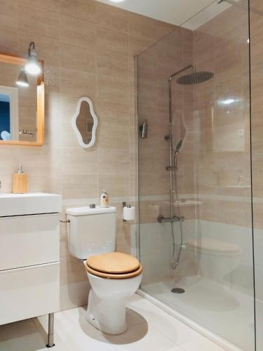 a bathroom with a toilet and a shower at Chalet con JARDIN PUY DU FOU a 10 min ,NO FIESTAS!! in Toledo