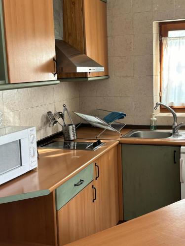 a kitchen with a sink and a microwave at ALTOGREDOS Hotel Rural y apartamentos turísticos in Hoyos del Espino