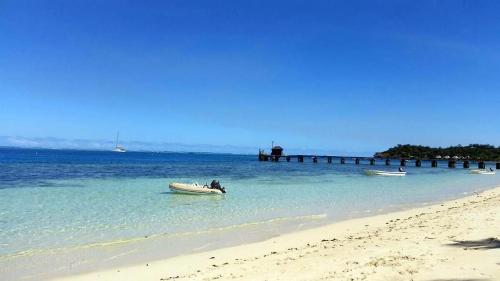 a boat in the water next to a beach at Ratu Kini Dive & Stay in Mana Island